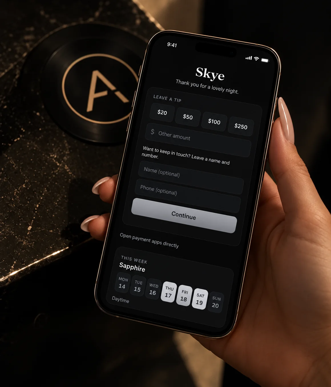 A hand holding a phone with a tip page open: Skye, Leave a tip, amounts $20 to $250, Continue, and this week's days.