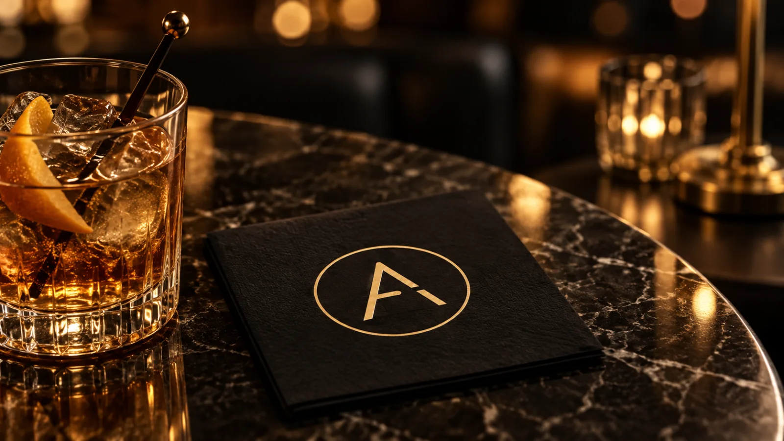 A black napkin with the gold Encore After mark beside a cocktail on a marble bar table.