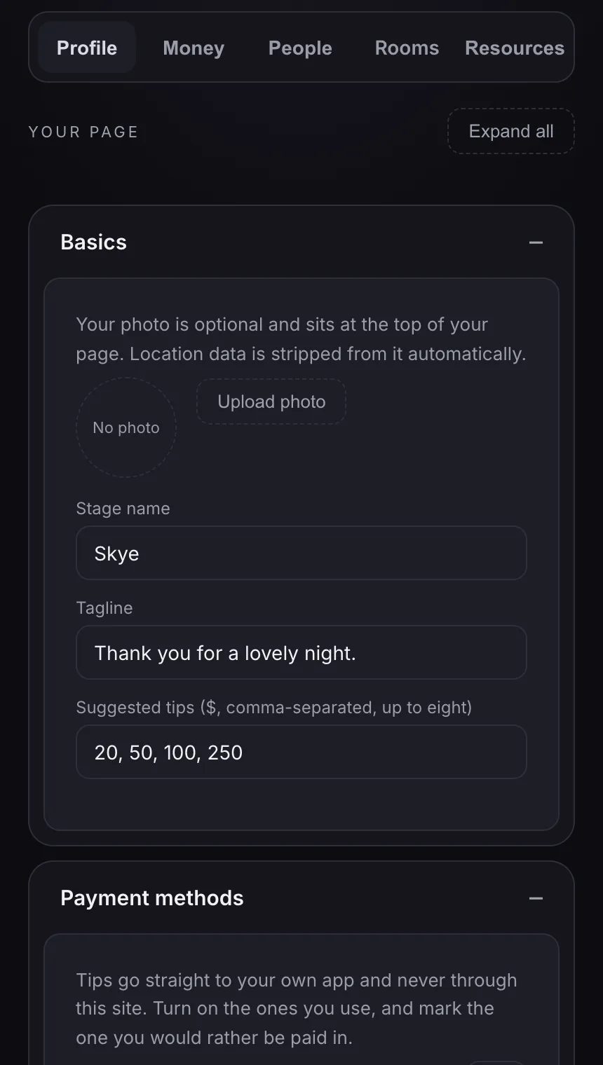 The Profile tab: Your page opening on Basics with photo, stage name Skye, tagline and suggested tips, then Payment methods.