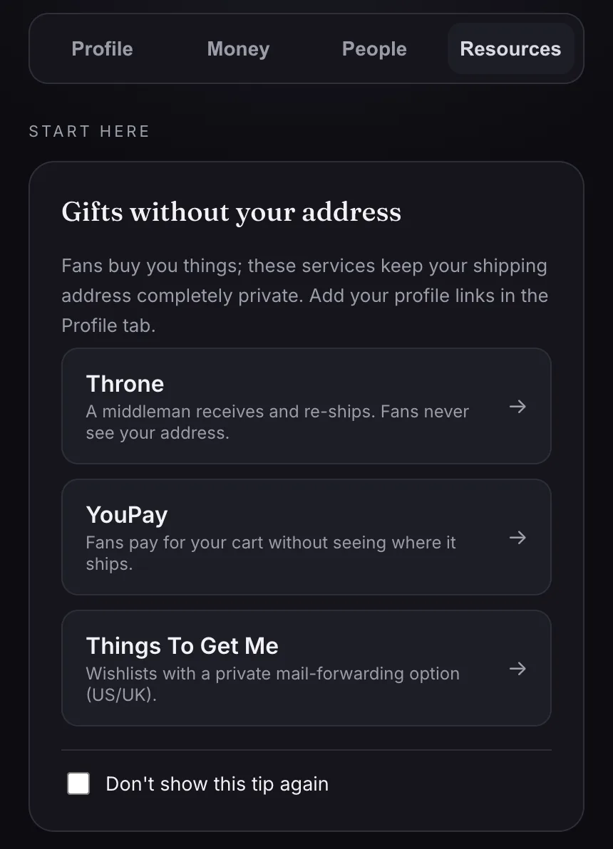 The Resources tab: a card headed Gifts without your address listing three services, each with one line on how it hides the address.